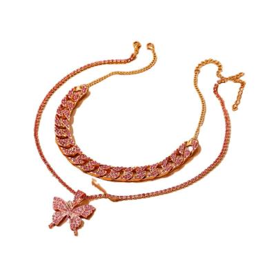 China Free Sample FASHIONABLE Personality Cuban Border Exaggeration Full Multilayer Diamond Inlaid Big Butterfly Chunky Chain Necklace for sale