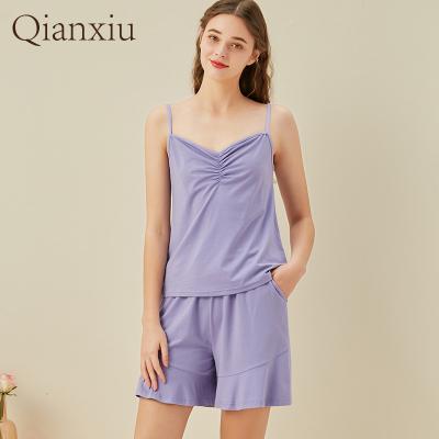 China Wholesale Breathable Bamboo Sexy Cute Suit Sling Style Summer Women Pajamas Fiber Two-Piece Shorts Set Sexy Pajamas for sale