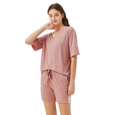 China Softly 2021 new bamboo fiber pajamas for women summer sleepwear short sleeve V-neck two-piece pajamas set home wear pijamas woman for sale