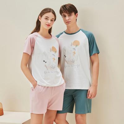 China 2021 Couple Breathable Style Outer Wear Home Use Short Sleeve Summer Men's Knitted Casual Cotton Shorts Printed Pajamas Suit for sale