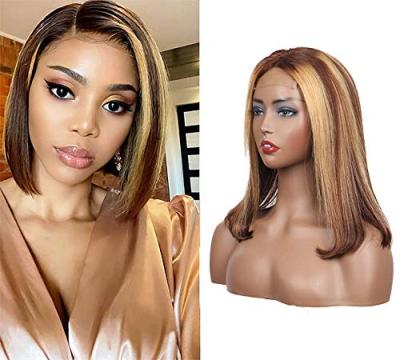 China Ombre Brown Honey Blonde Short Bob HD Wave Highlight Wig Colored Human Hair Lace Front Wigs Silky Straight Wigs for sale