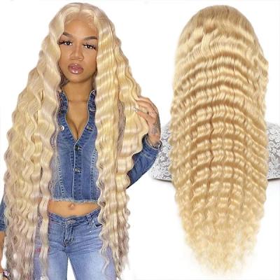 China Deep Wave Raw Virgin Cuticle Aligned Brazilian Deep Wave 613 Blonde Frontal Human Hair Lace Front Transparent Wig For Black Women for sale