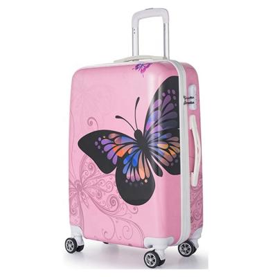 China Long-distance Travel White Pink Blue Butterfly Hard Printed Luggage Set Suitcase For Traveling for sale