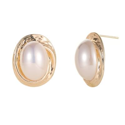 China TRENDY New Fashion Elegant Temperament 14K Gold Plated Oval Imitation Pearl Stud Earrings for sale