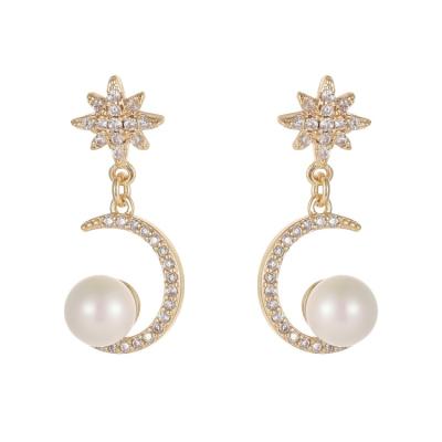 China FASHIONABLE Gold Plated Imitation Moon And Star Jewelry 14K Pearl Zircon Drop Stud Earrings for sale