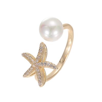 China TRENDY Ocean Style Pave CZ Starfish Open Ring 14K Gold Plated Adjustable Starfish Pearl Ring for sale