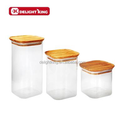 China Square Glass Wooden Bamboo Lid Canister Jar Ginger Spice Honey Cookie Food Glass Jars Eco-Friendly Sustainable High Quality Kitchenware for sale