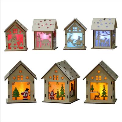 China Christamas Decoration Christmas Wooden Hanging Log Cabin With Warm Led Lights Christmas Ornaments Glowing Wooden Castle Lamp New Year Gifts Kids Toys for sale