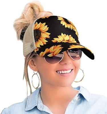 China COMMON Sunflower Summer Mesh Breathable Trucker Hats Hollow Out Ponytail Baseball Cap for sale