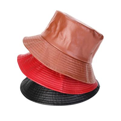 China Plush Fashion Solid Color Fisherman Hats PU Outdoor Casual Leather Bucket Hat For Adults for sale