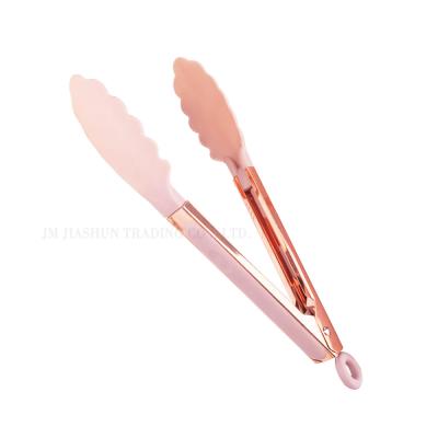 China Wholesale Viable Electroplate Rose Gold Metal Nonstick Pink Silicone Kitchen Utensils Kitchen Tong With Lock for sale