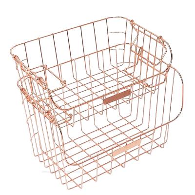 China Multi Functional Rose Gold Portable Double Layer Mounted Gold Iron Storage Basket for sale