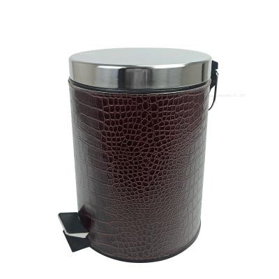 China Luxury Alligator 5L Stainless Steel Trash Can Foot Pedal Stocked Leather Trash Bin For Home for sale