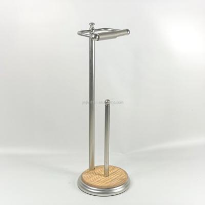 China Modern Standing Metal Toilet Brush And Paper Holder With Bamboo Base for sale