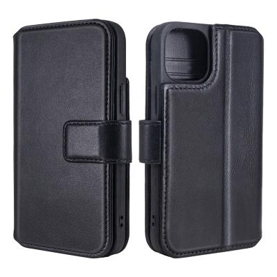 China Black Color Business Men Wallets Phone Case With Multi Card Slots Card Holder For iPhone 13 Mini 5.4 inch Genuine Leather Cover for sale