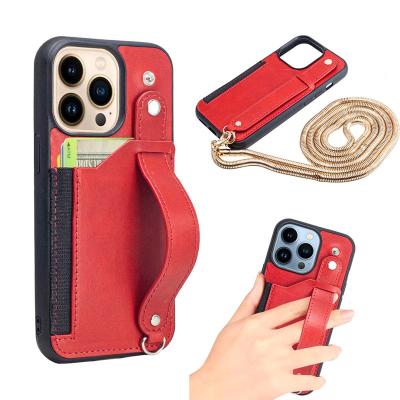 China Custom Genuine Leather Logo Wrist Strap Factory Cow Leather Cell Phone Mobile Case With Strap For iPhone 13pro for sale