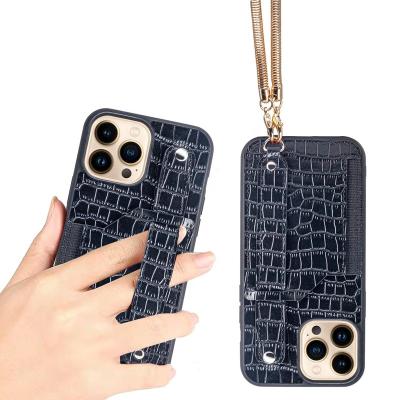 China Factory Design Custom Genuine Leather Cow Hand Strap Necklace Phone Case For iPhone 13 Pro Max Phone Case With Strap for sale