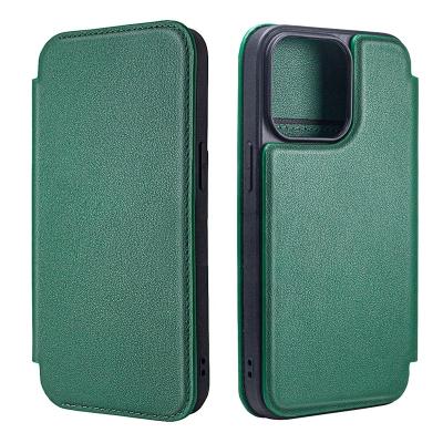 China Retro Unique Luxury Genuine Leather Classic Wallet EMF Phone Green Leather Case With 3 Card Slot Money Clip For iPhone 12 13 Pro Max for sale