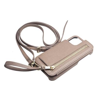 China Shockproof Unique Design Khaki Leather Beads Phone Strap Apple Case with Card Slots for iPhone 12 12pro for sale