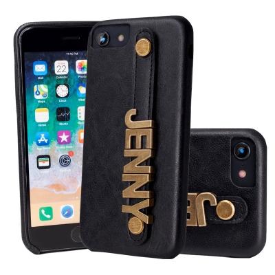 China Classy And Stylish PU Leather Phone Case Leather Phone Case With Metal Letter Hand Strap Phone Case For iPhone 7 Customized Case For iPhone 8 for sale