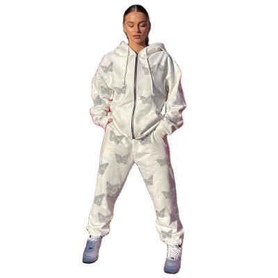 China Wholesale Custom Breathable Tracksuit Women Winter Cheap Sweat Suits Butterfly Rhinestone Cool 2 Piece Women Jogging Tracksuit for sale