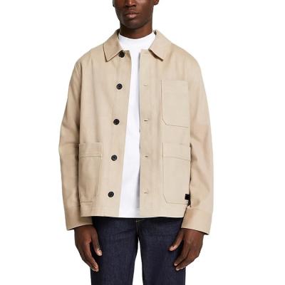 China Wholesale Custom Men's Long Sleeve Button Up Square Breathable Collar Jacket Down Patch Pockets Ivory Woven Jackets for sale