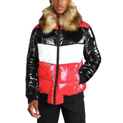 China Fur Shine Hooded Warm Trim Men's Winter OEM Color Block Stripper Windproof Jacket QUICK DRY For Men for sale