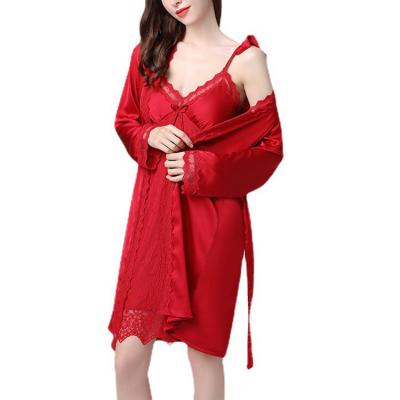 China Breathable Satin Women Sleep Robe Lace Soft Polyester 2pcs Set Nightgowns Sleepwear Set For Spa Club Hotel for sale