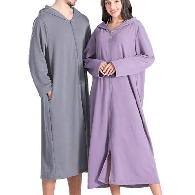 China 100% Breathable Adult Cotton Long Robe Men's Adult Cotton Self Hooded Self Hooded Sleep Robe Soft Side Zipper Pocket Sleep Robe for sale