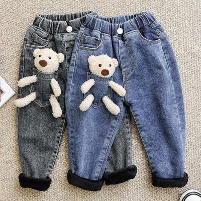 China Breathable Kids Jeans Hug Bear Puppet On Pocket Cute Kids Warm Fleece Jeans For Boys Children Kids for sale