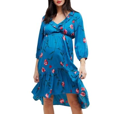 China Antibacterial Fancy Floral Elegant Maternity Clothes Drop Edge Ruffles Blue Pregnancy Dress V-Neck Maternity Dress for sale