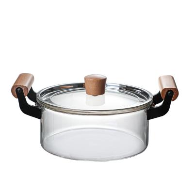 China 5000 Ml Stocked Hotel 20 Cm Large Glass Lid Cooking Pot With Wooden Handle for sale