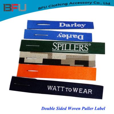 China Durable Laser Custom Double Sided Woven Label Zipper Puller for sale