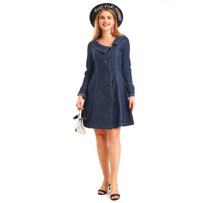 China Anti-wrinkle plain women dark blue custom made denim jacket long with ruffle women denim jacket and coat for sale