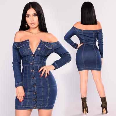 China Fashion Women Summer Anti-Static Clothing Off The Shoulder Plus Size Solid Color Long Sleeve Denim Dress for sale