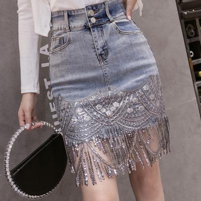 China 2021 Women Clothing High Waist Tassel Patchwork Denim Breathable Customized Skirt With Sequined Dress for sale