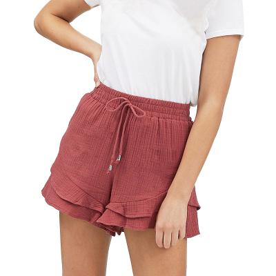 China Wholesale Custom Solid Anti-wrinkle Drawstring Latest Ruffle Women's Casual Cotton Shorts for sale