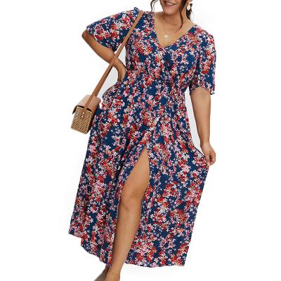 China Lady Casual Plus Size V-Neck Maxi Long Dress Bohemian Floral Print Anti-wrinkle 2021 Summer Fashion Dresses For Women for sale