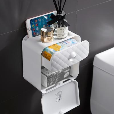 China Wall Mounted Waterproof Punch Free Waterproof Bathroom Napkin Toilet Paper Holder Plastic Tissue Box with Phone Shelf for sale