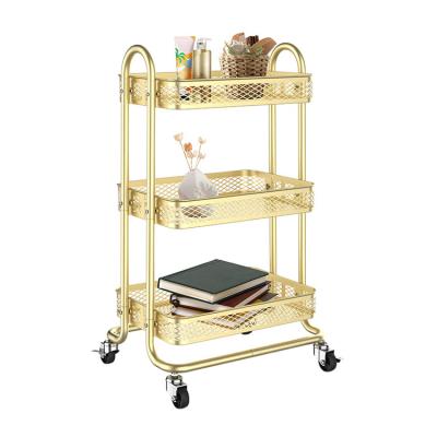 China Hotel Beauty Salon Organizer Gold Metal 3 Tiers Kitchen Storage Rack Cart Viable Multifunctional Home Trolley with Wheels for sale