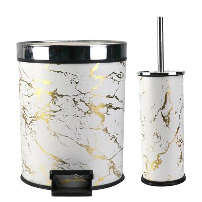 China 8L Hotel Design Bathroom Foot Pedal Litter Bins Viable Home Plastic Marble Foot Operated Trash Can With Toilet Brush Holder for sale