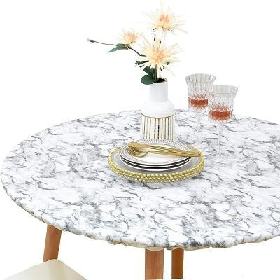 China Waterproof White Marble Pattern Flannel Round Back Tablecloth With Elastic for sale