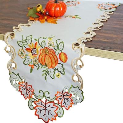 China Eco-Friendly Fall Harvest Table Runners For Thanksgiving, Halloween, Parties, Holidays Table Decoration Cutouts Embroidered Maple Leaves Pumpkin for sale