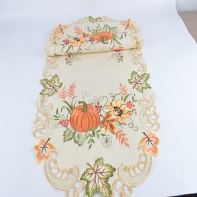 China Eco-Friendly Beige Autumn Harvest Table Runners For Thanksgiving, Halloween, Holiday Table Decoration Embroidered Maple Leaves And Pumpkin for sale