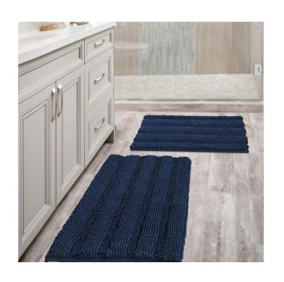 China Navy Blue Sustainable Bath Mat Slip-Resistant Extra Absorbent Soft and Fluffy Striped Bathroom Covers for sale