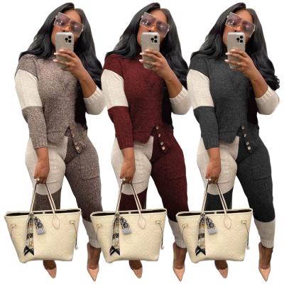 China 2021 Autumn Winter Apparel Anti-pilling Color Block Knit Tracksuit 2 Piece Sweater Pant Set For Women for sale