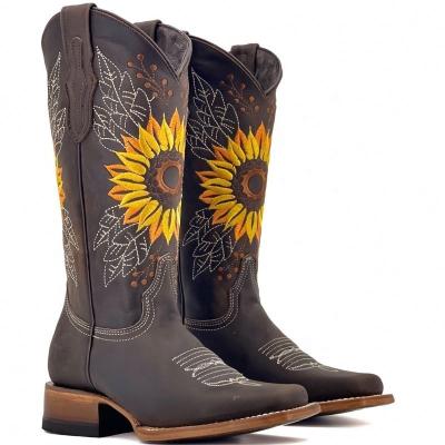 China Fashion Trend Women's Biker Cowboy Black Leather Embroidered Sunflower Boots Drop Knee High Boots Knight Boots for sale