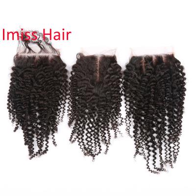 China 4x4 Machine Hair Doubles Middle Lace Closure Lace Closure Cheap Natural Kinky Curly Knots Weft Strong Bleach Medium Middle Lace Closure for sale