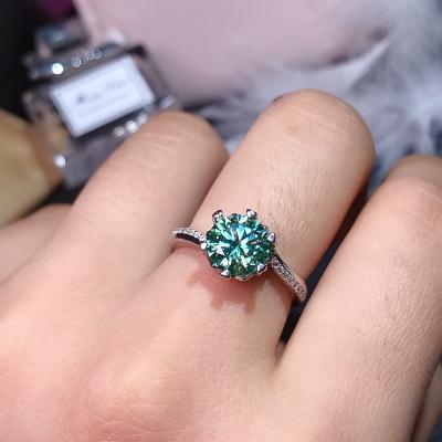 China 925 Silver Casual/Sporty Engagement Ring Diamond 1Carat 2Carat Round Blue Green Moissanite Ring for sale