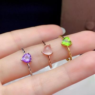 China Casual/Sporty Gem Ring 925 Sterling Silver Natural Olivine Powder Heart Shaped Amethyst for sale